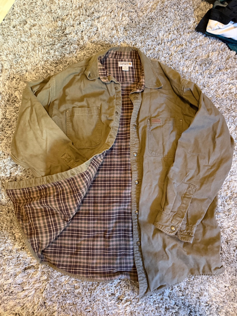 Carhartt Olive Green Men's Field Jacket with Plaid Lining